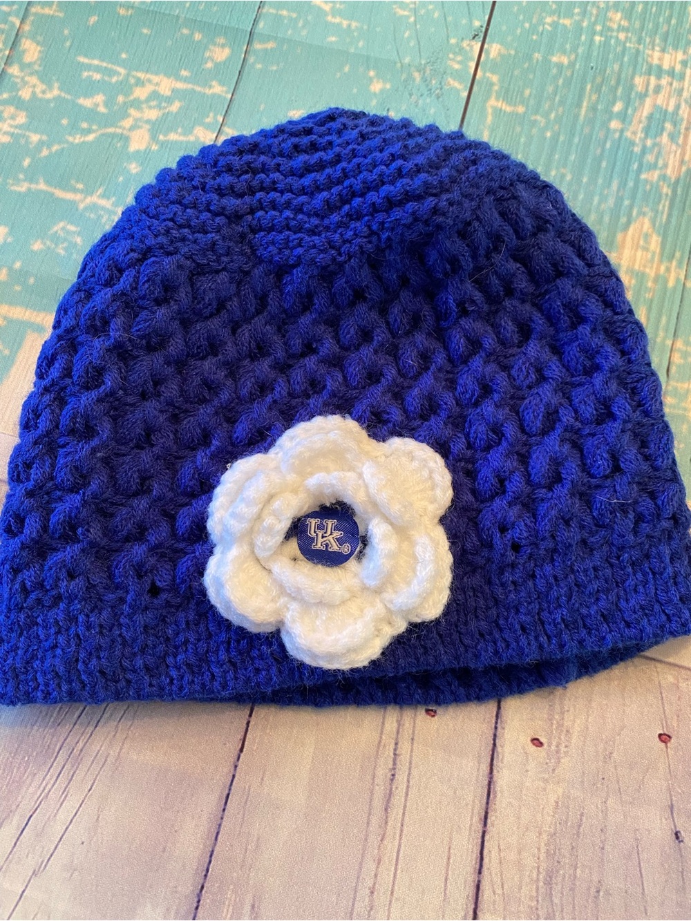 University of Kentucky Blue Crochet Beanie with White Flower